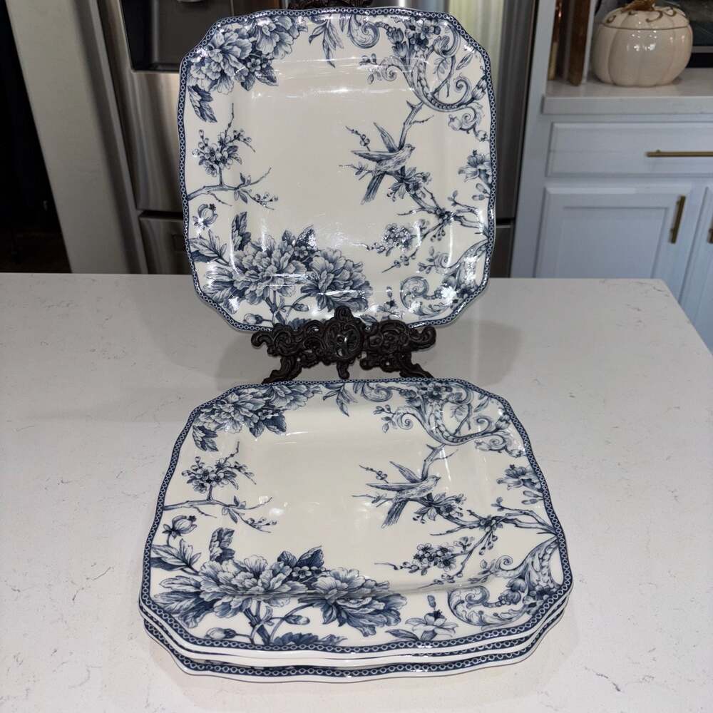 222 Fifth Adelaide Blue and White Square Dinner Plates, Set of 4